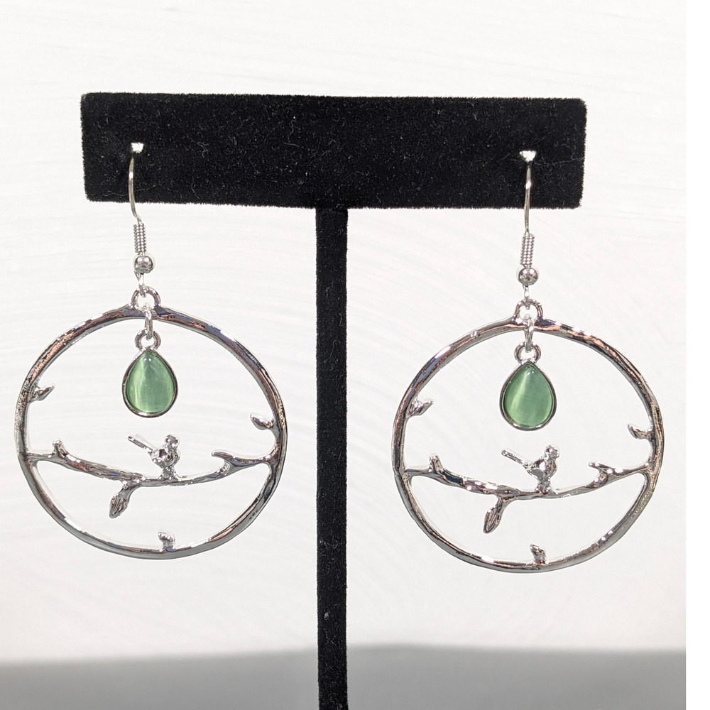 Bird On Branch Dangle Earrings Green Cats Eye Glass Cab Silver Tone Nature
